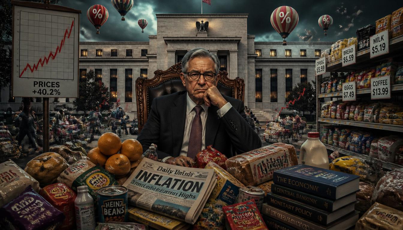 Editorial illustration of a stern central-bank chair seated before the Federal Reserve building, surrounded by surging grocery prices, a +40.2% prices chart, an 'Inflation Highs' newspaper, and percent-sign hot-air balloons drifting overhead.