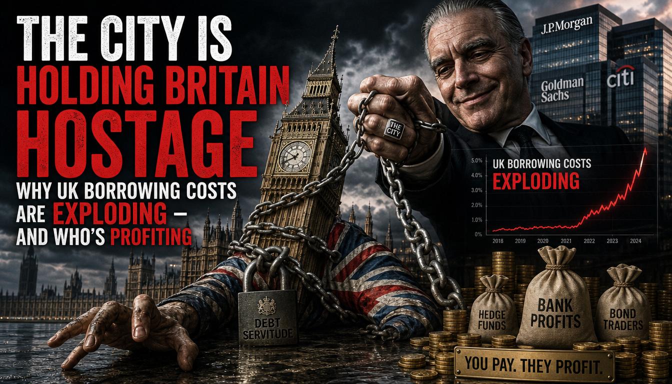 Editorial illustration of a chained Big Ben and Union Jack figure dragged into the Thames while a banker in front of JP Morgan, Goldman Sachs and Citi towers pulls the chain — UK borrowing costs chart rising sharply, money bags labelled Hedge Funds, Bank Profits and Bond Traders, brass plaque reads 'You Pay. They Profit.'