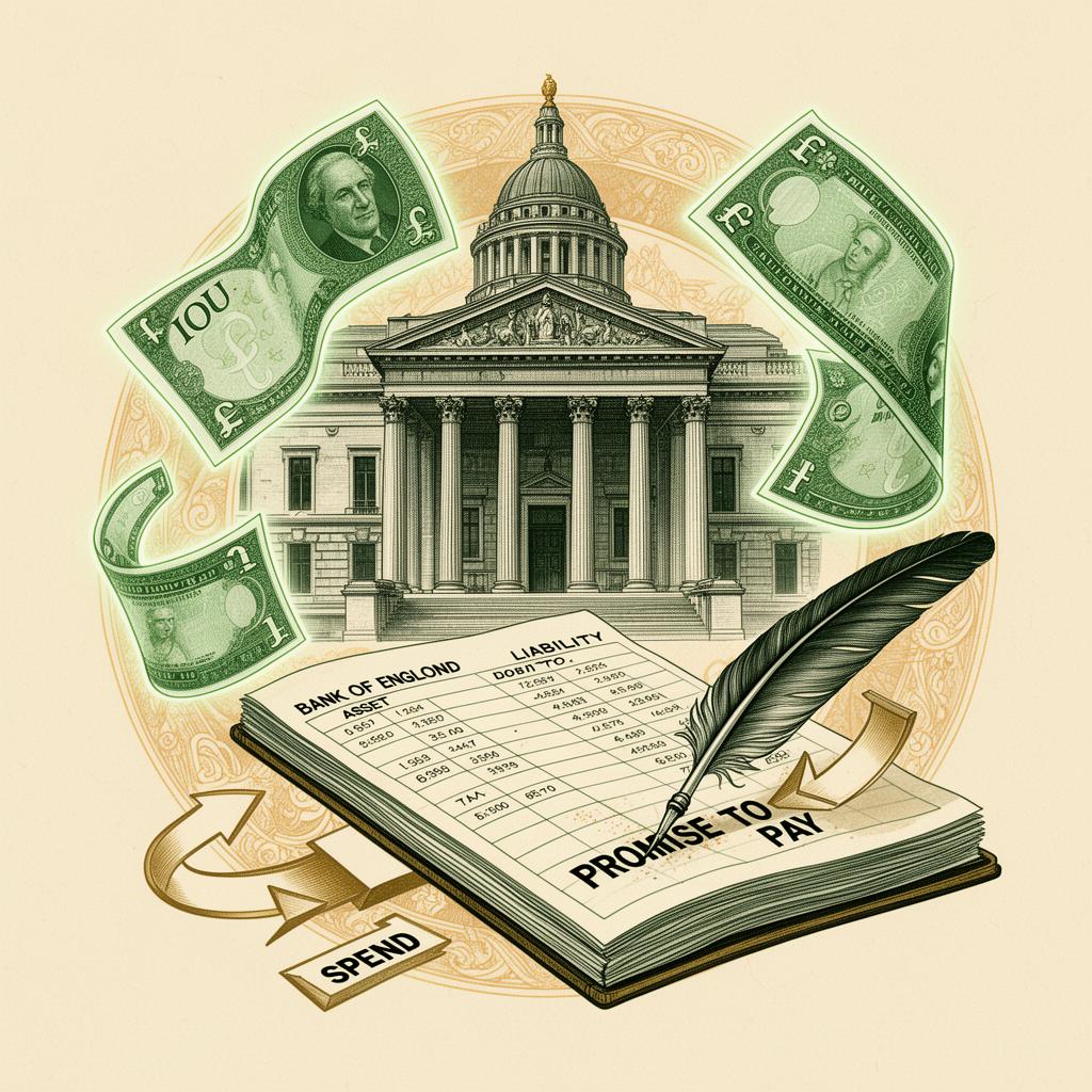 Editorial banknote-engraved illustration — a classical central-bank building, glowing pound notes morphing into IOU promises, a double-entry ledger, and arrows showing money created by spending and destroyed by tax.