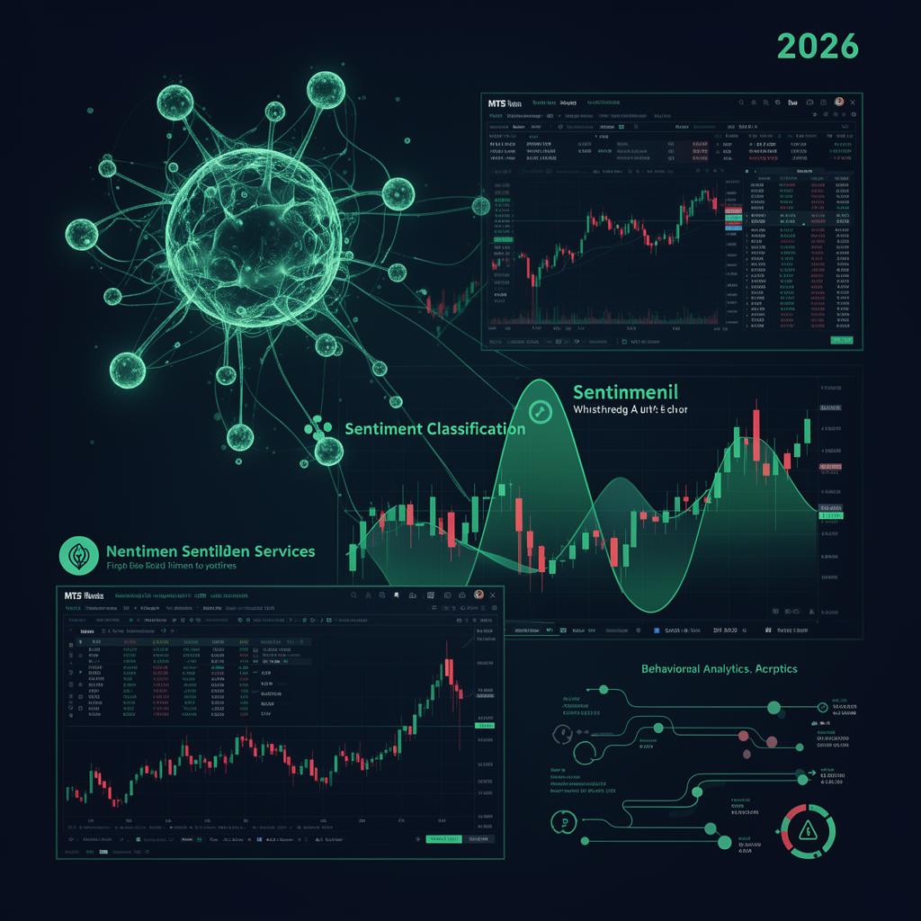 Editorial illustration of neural sentiment signal services — glowing neural network nodes connected to MT5 trading dashboards with sentiment classification waves over candlestick charts.